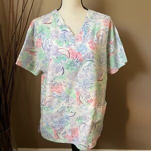 Colorful Celestial Print Scrub Top